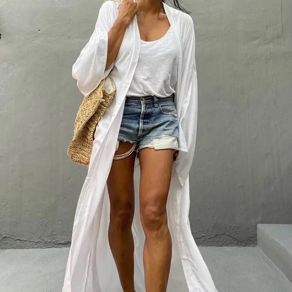 PreWashed Cotton Maxi Duster Kimono, Oversized Beach Coverup W/Sash Tie NWT - Picture 1 of 6